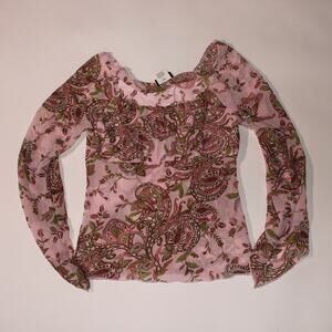 Y2K PS Perseption Pink And Floral Print Semi Sheer Milkmaid Top With Bell Sleeve